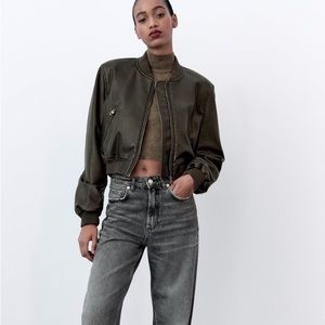 Zara brown leather bomber jacket